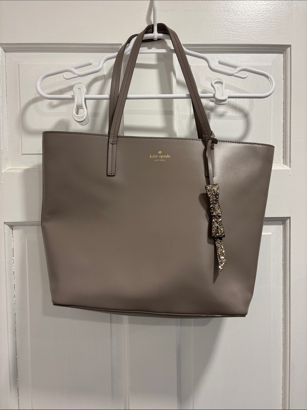 kate spade Taupe Leather Tote with Sequin Bow Charm
